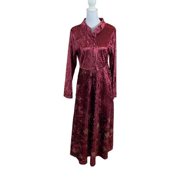 Miss Look Burgundy Long Sleeve Crushed Velvet Maxi Dress Size Medium - Picture 1 of 13